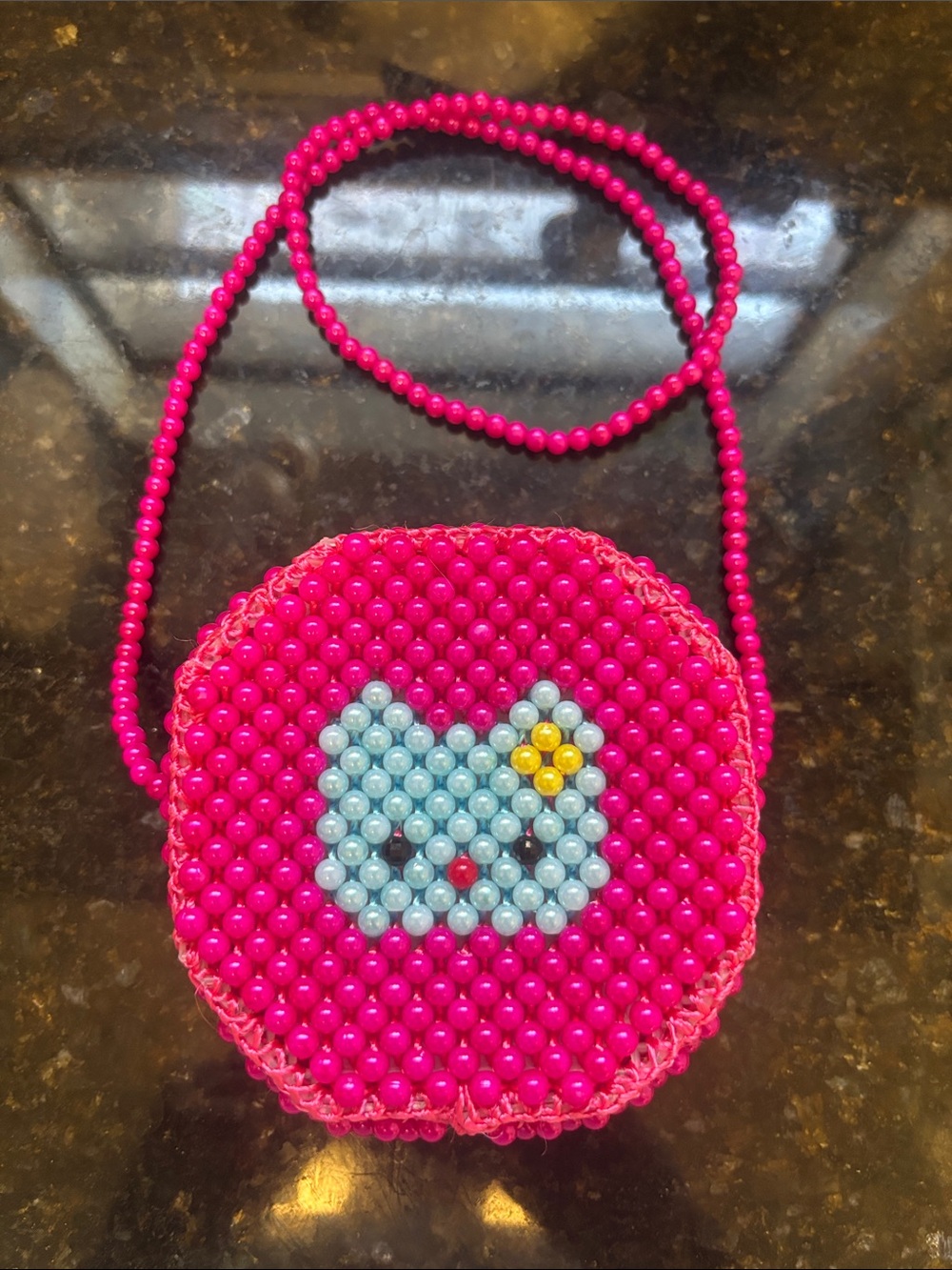 Hand Crafted Hot Pink Beaded Kids Crossbody with Blue Cat Motif